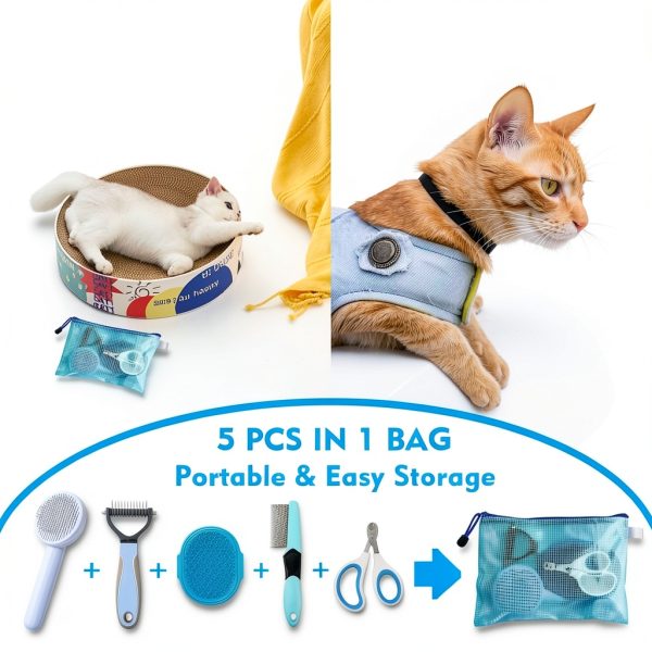 Grooming Brush Kit ONEZYE 5-Piece Cat Set with Self-Cleaning Flea Comb-5
