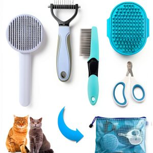 Grooming Brush Kit ONEZYE 5-Piece Cat Set with Self-Cleaning Flea Comb-0