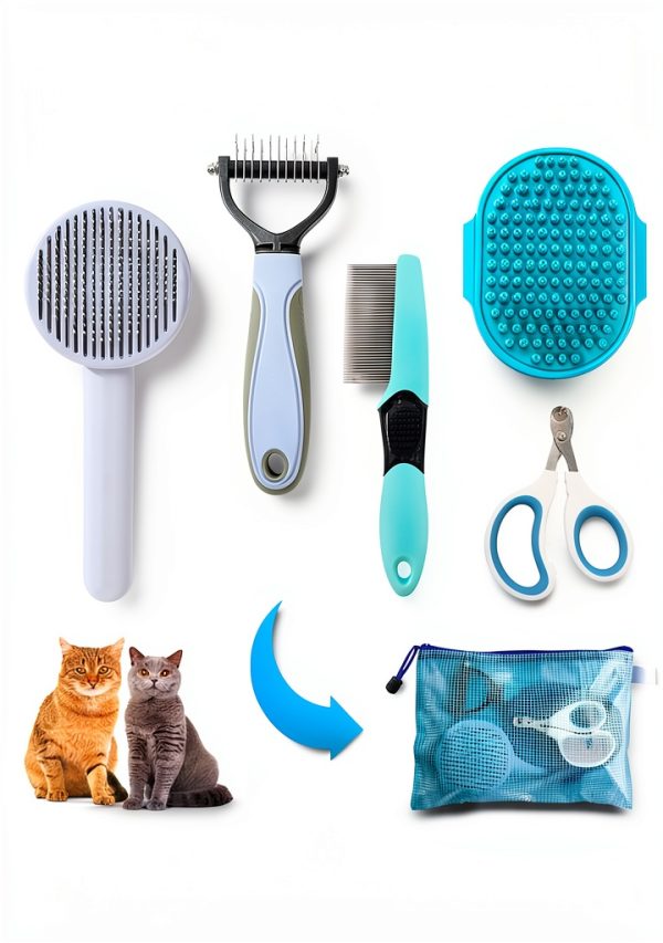 Grooming Brush Kit ONEZYE 5-Piece Cat Set with Self-Cleaning Flea Comb-0