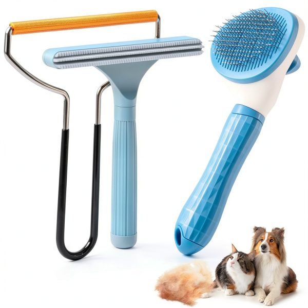 Analan 3-in-1 Pet Hair Remover & Grooming Set for Dogs & Cats – Self-Cleaning Brush for Shedding, Cat Brush, Metal Fur Remover for Couch Carpet & Car, and Rubber Tool for Clothes & Bedding-0