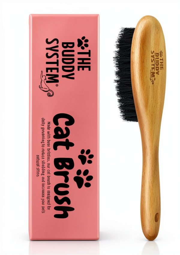 The Buddy System Cat Brush with Boar Bristle and Wooden Handle, Professional Grade Daily Grooming Hairbrush, Reduce Shedding, Soft Hair and Healthy Shine (1 Pack)-0